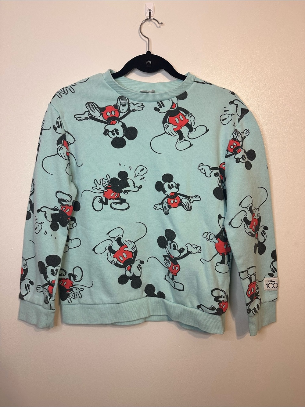 Disney Light Aqua Mickey Mouse Allover Print Crewneck Sweater